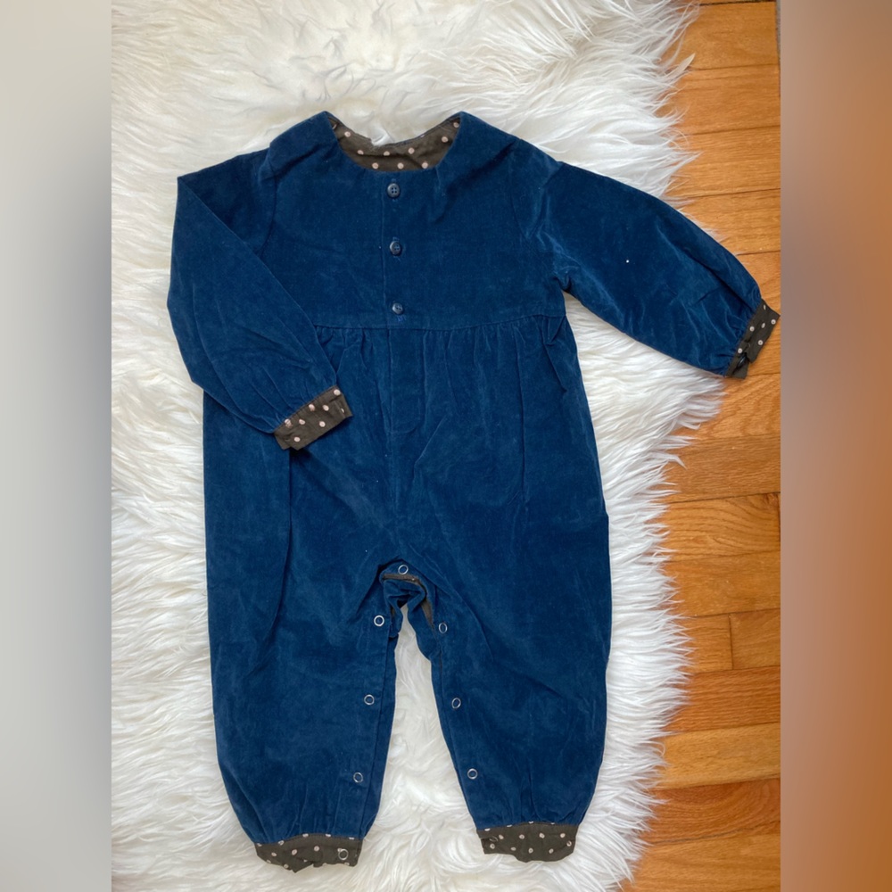 Navy Blue Corduroy Baby Romper with Polka Dot Trim